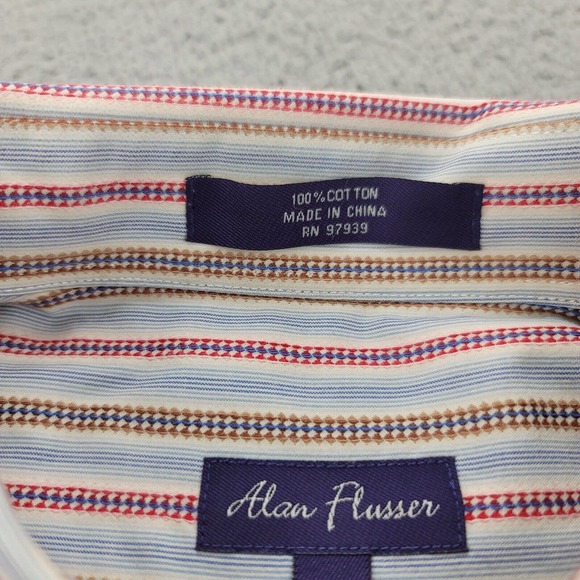 Alan Flusser Shirt Mens XL Blue Red Striped Long Sleeve Classic Button Down - Picture 3 of 13